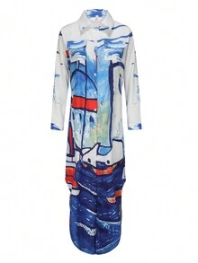 女士时尚长袖图案印花衬衫领宽松休闲连衣裙