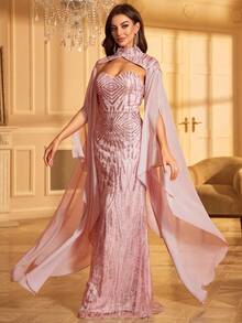 女士亮片蝙蝠袖鸡尾酒会礼服 - 粉色 - 查看 4