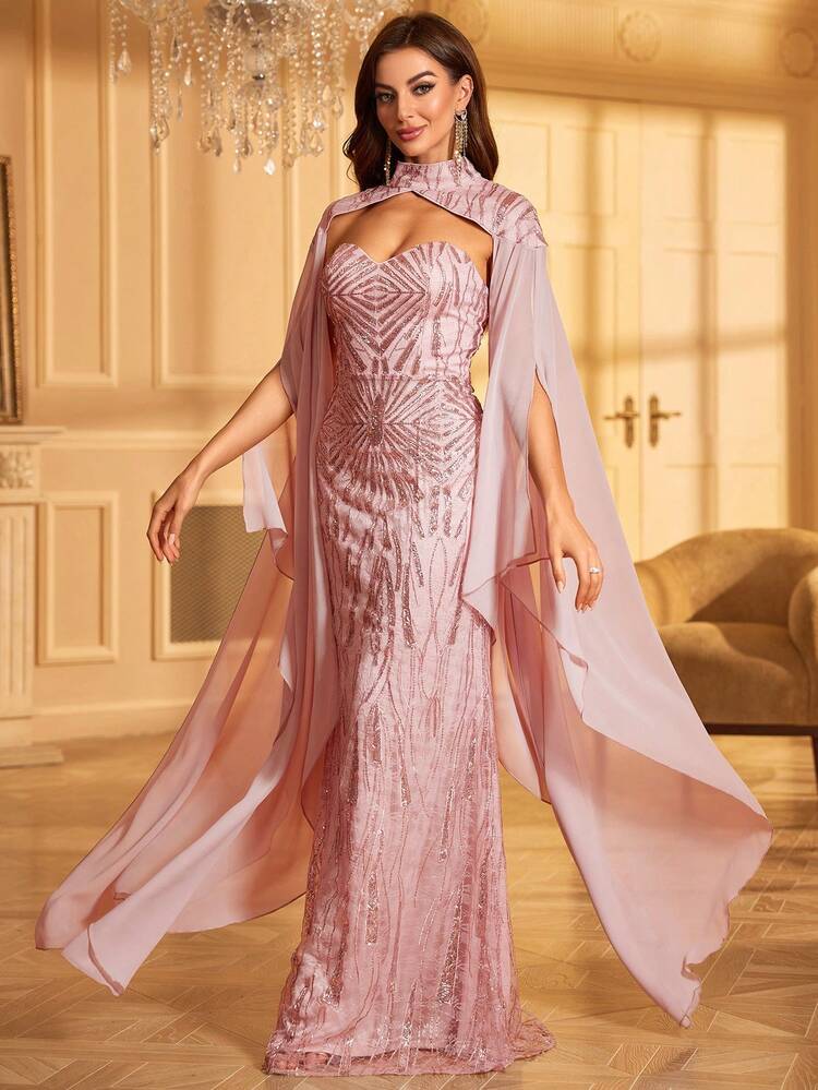sequin batwing dress Thigh-High Slit Sequin Batwing Sleeve Evening Dress