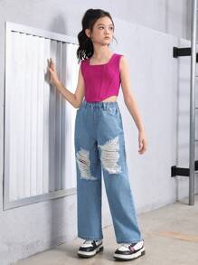 SHEIN 青少女鉤織魚骨紋粉色方領背心頂部和破洞牛仔褲套裝,適用於春夏季節 - 彩色 - 查看 5