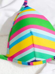 SHEIN Swim 女士露背彩虹条纹聚拢比基尼套装无线泳裤，随机印花，沙滩装泳衣夏季 - 彩色 - 查看 4
