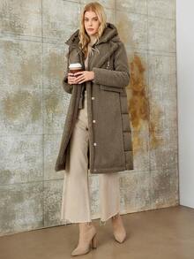 Women Patchwork Teddy Fleece Button-Up Collar Padded Coat - Coffee Brown - View 3