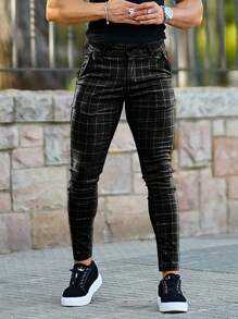 Men Plaid Print Slant Pocket Pants - Black - View 3