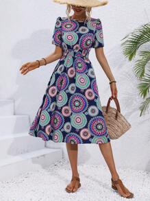 Breezaya Full Print Round Neck Belted Dress - Multicolor - View 4