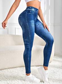 Easithlete Wide Waistband Denim Effect Sports Leggings workout leggings - Blue - View 7