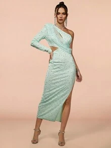 Pearls Beaded One Shoulder Cut Out Split Thigh Sequin Dress Elegant Long Sleeve Cocktail Semi Formal Prom Wedding Guest Dress, For Birthday, Graduation, Dinner, Homecoming - Mint Blue - View 3
