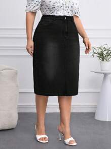 SHEIN Privé Plus Size Water Washed Elastic Casual Denim Skirt