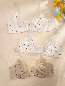 Plus 3pcs Heart Print Underwire Bra, Kawaii
