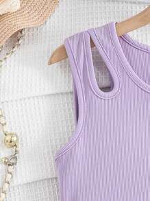 Teen Girls' Solid Color Hollow Out Vest And Printed Ruffle Hem Skirt Set - Purple - View 4