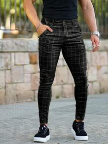Men Plaid Print Slant Pocket Pants - Black - View 4