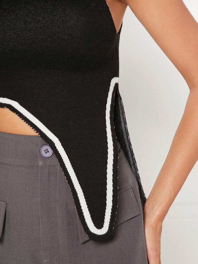 Contrast Binding Asymmetrical Hem Knit Top
