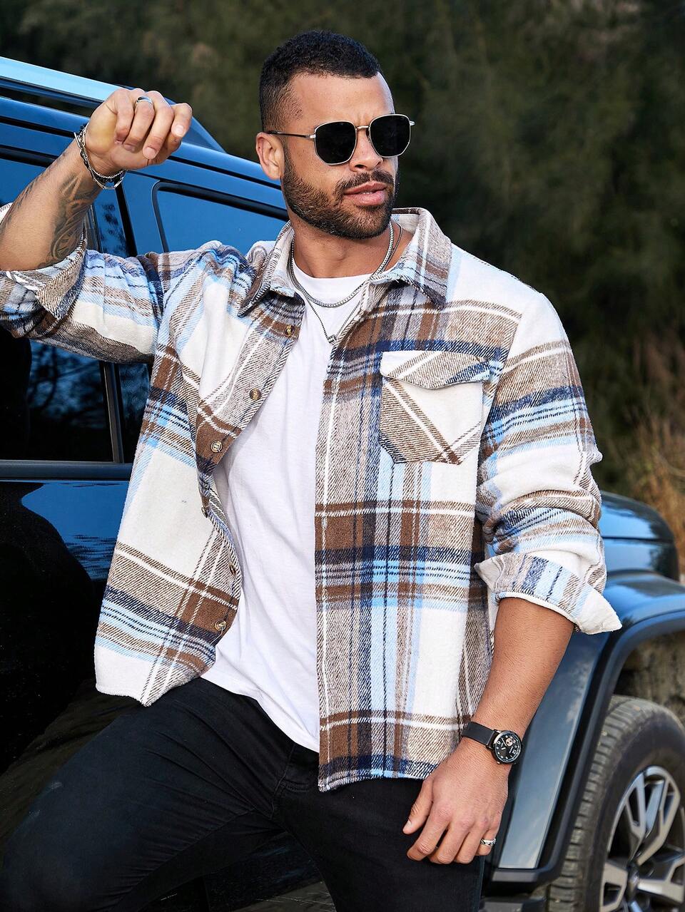 Men Plus Plaid Flip Pocket Shacket, Fall
