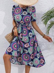 Breezaya Full Print Round Neck Belted Dress - Multicolor - View 1