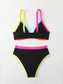 BamGleam Women's Summer Beach Contrast Neon Trim V-Neck Bikini Set - Black - View 2