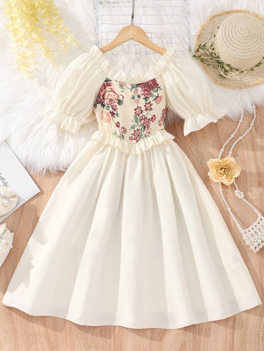 Teen Girl Floral Printed Waist Cinched Dress - Apricot - View 1