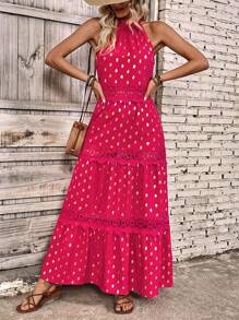 Chiquease Women'S Sleeveless Polka Dot Gold Thread Detail Halter Neck Dress - Red - View 6