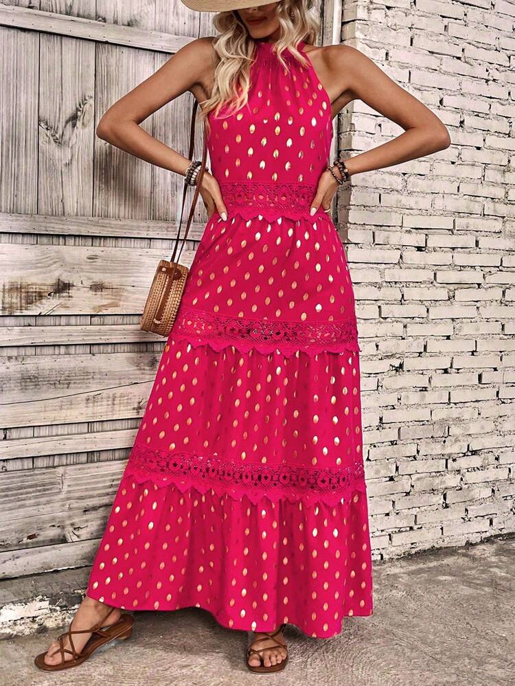 Women'S Sleeveless Polka Dot Gold Thread Detail Halter Neck Dress