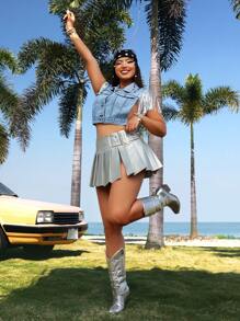 SHEIN ICON Kích thước lớn Viền tua Denim Áo vest Không có Đàn hồi - Rửa nhẹ - Xem 6