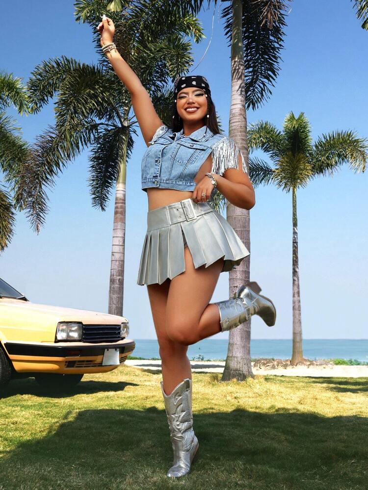 Plus Size Fringed Denim Vest Without Elasticity