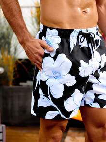 Manfinity 男士花卉印花抽繩海灘短褲 - 黑色 - 查看 4