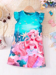 SHEIN Young Girls' Cartoon Cute Mermaid Ruffle Trim Dress For Summer - Blue - View 1
