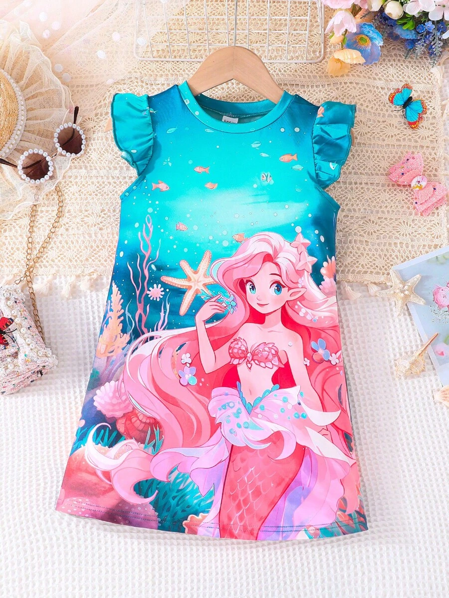 SHEIN Young Girls' Cartoon Cute Mermaid Ruffle Trim Dress For Summer - Blue - View 1