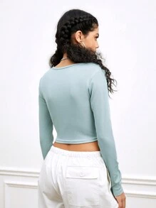 SHEIN Sports Women's Hollow Out Cropped Long Sleeve T-Shirt - Grey - View 2