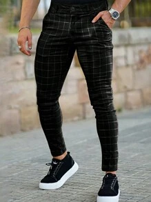 Men Plaid Print Slant Pocket Pants - Black - View 1