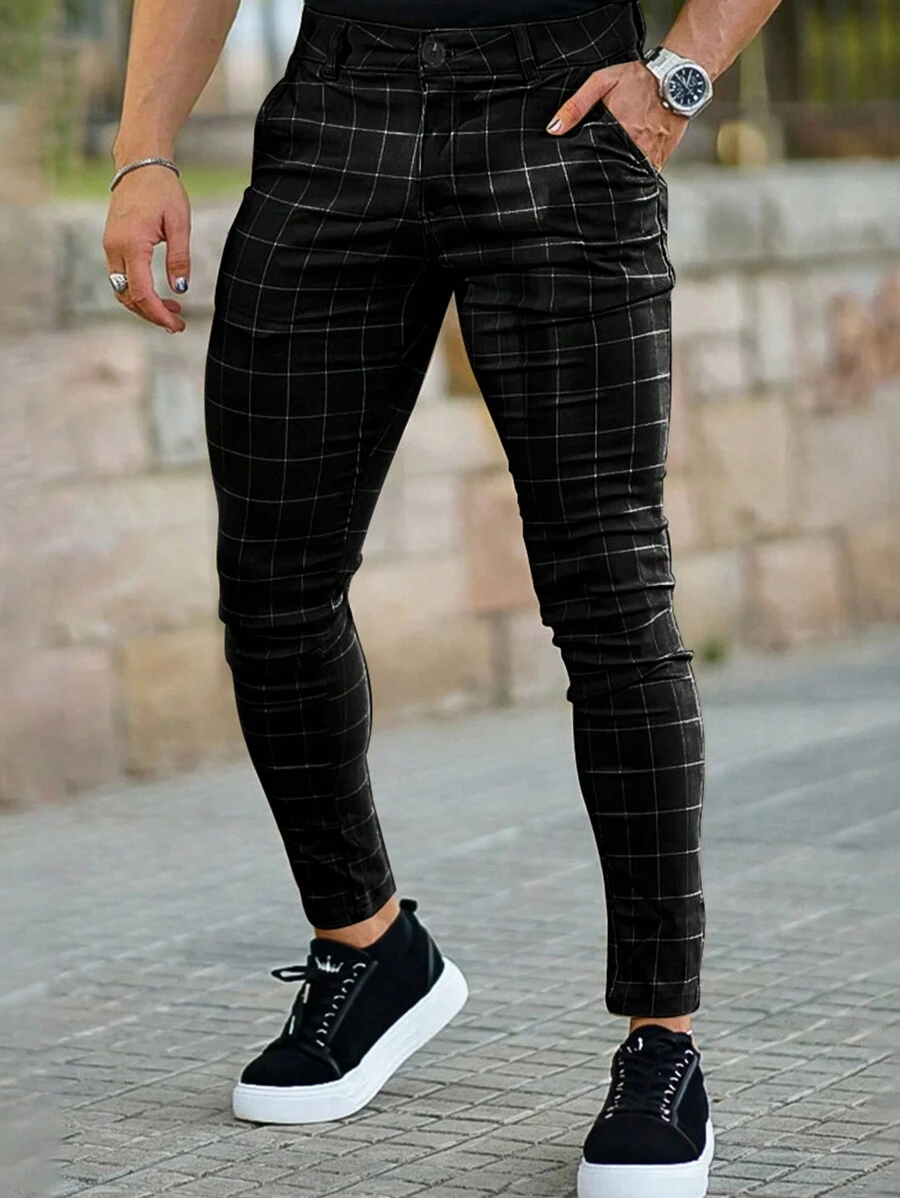 Men Plaid Print Slant Pocket Pants - Black - View 1