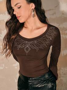 Anewsta 鑽石收束領款緊身長袖t-shirt - 摩卡棕 - 查看 3