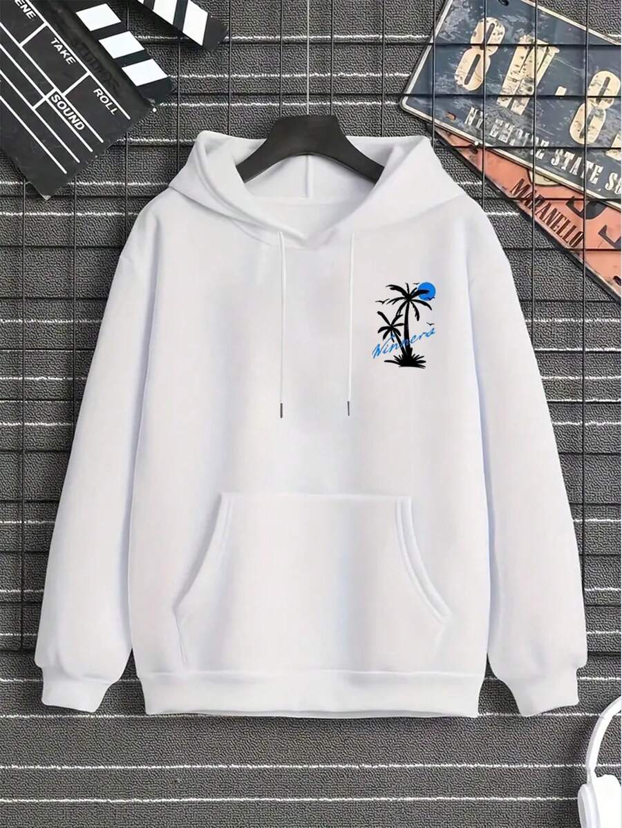 Hoodie De Bolsillo Canguro Con Estampado De Árbol De Coco Para Hombre - Blanco - Ver 1
