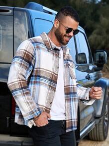 Manfinity Homme 男士加大码格子翻盖口袋衬衫式外套，秋季款 - 彩色 - 查看 5