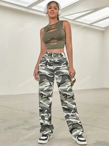 Y2K Street Camo Print High Waist Slant Pocket Baggy Wide Leg Jeans Daily Outdoor Denim Trousers