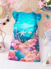 SHEIN Young Girls' Cartoon Cute Mermaid Ruffle Trim Dress For Summer - Blue - View 2