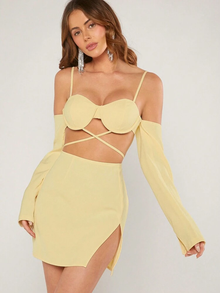 Buttery Yellow Woven Crisscross Cut Out Split Hem Dress