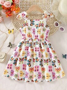 SHEIN Young Girls' Cute Bowknot Pattern Printed Spaghetti Strap Dress With Bow-Knot Decor For Holiday Party Summer - Multicolor - View 2