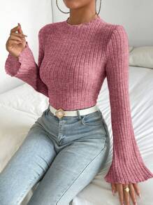 Chiquease Women's Bell Sleeve Ribbed T-shirt - Burgundy - View 1