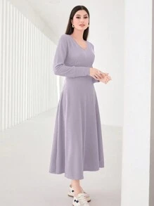 Seusyu Solid V Neck A-Line Dress Fall Cloth For Women - Dusty Purple - View 3