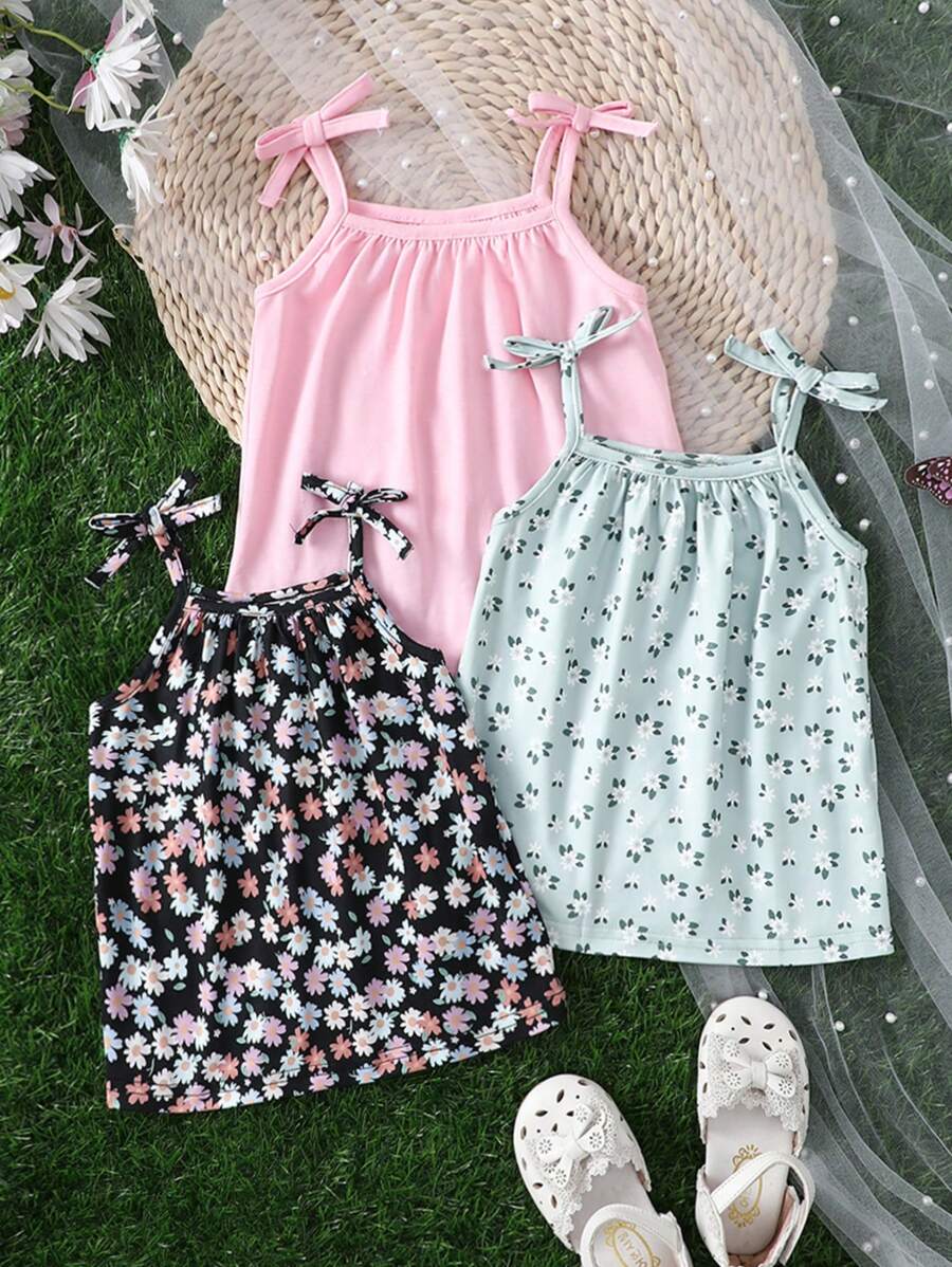 SHEIN 3pcs/Set Young Girls' Knitted Solid Color Cami Top And Knitted Floral Print Cami Top Set, School, Campus, College