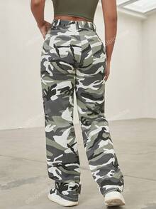 Y2K Street Camo Print High Waist Slant Pocket Baggy Wide Leg Jeans Daily Outdoor Denim Trousers