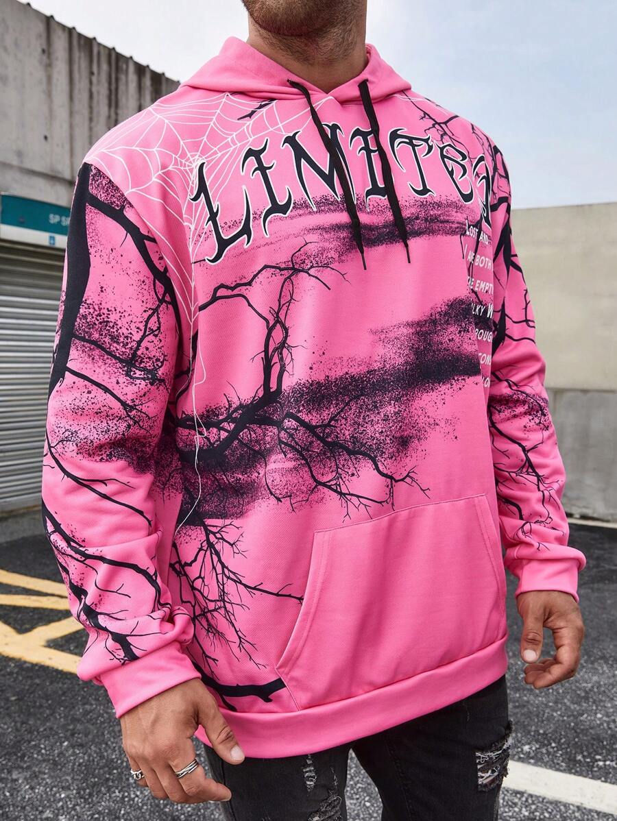 Manfinity Roughcore Men's Plus Size Skull Print Hooded Sweatshirt - Pink - View 1