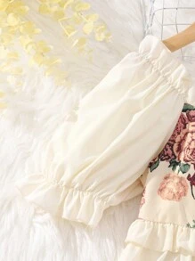 Teen Girl Floral Printed Waist Cinched Dress - Apricot - View 3