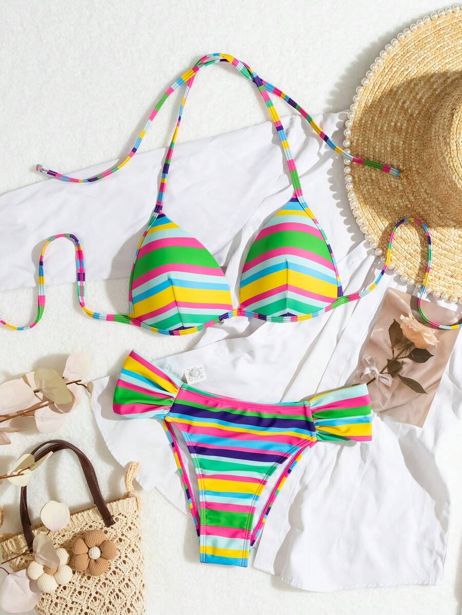 SHEIN Swim 女士露背彩虹条纹聚拢比基尼套装无线泳裤，随机印花，沙滩装泳衣夏季 - 彩色 - 查看 1