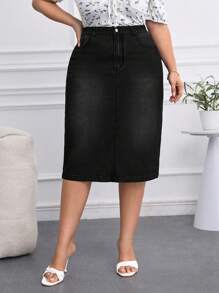 SHEIN Privé Plus Size Water Washed Elastic Casual Denim Skirt
