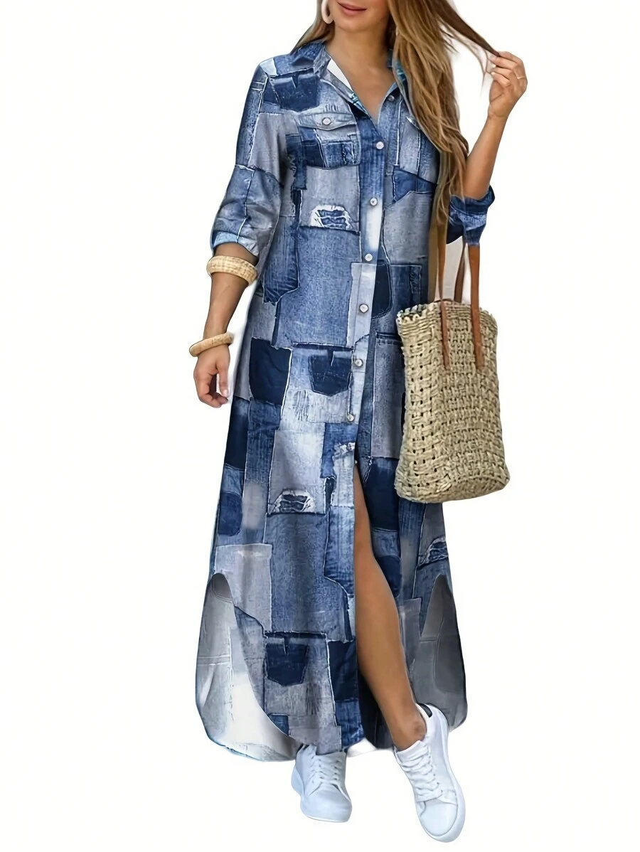 Ladies' Casual Long Sleeve Printed Shirt Dress Cardigan, Mid-Length Loose Dress - Light Wash - View 1