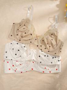 Plus 3pcs Heart Print Underwire Bra, Kawaii