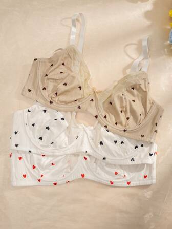 Plus 3pcs Heart Print Underwire Bra