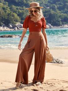 SHEIN VCAY Của phụ nữ Kỳ nghỉ Ống tay áo Người yêu Vòng cổ Áo - trái cam - Xem 3