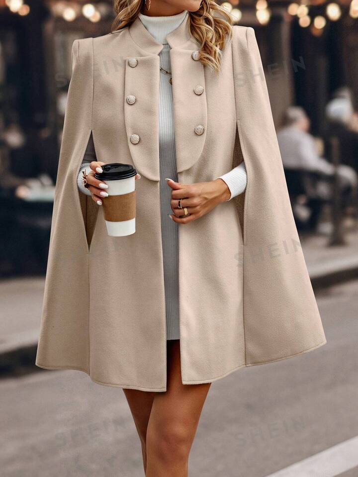 SHEIN Clasi Cloak Sleeve Double Breasted Cape Overcoat SHEIN