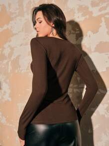 Anewsta 鑽石收束領款緊身長袖t-shirt - 摩卡棕 - 查看 2
